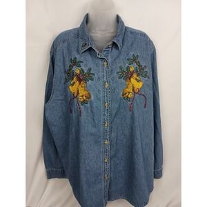 christmas‎ holiday bells church 22W 24W festive light Denim button up top plus